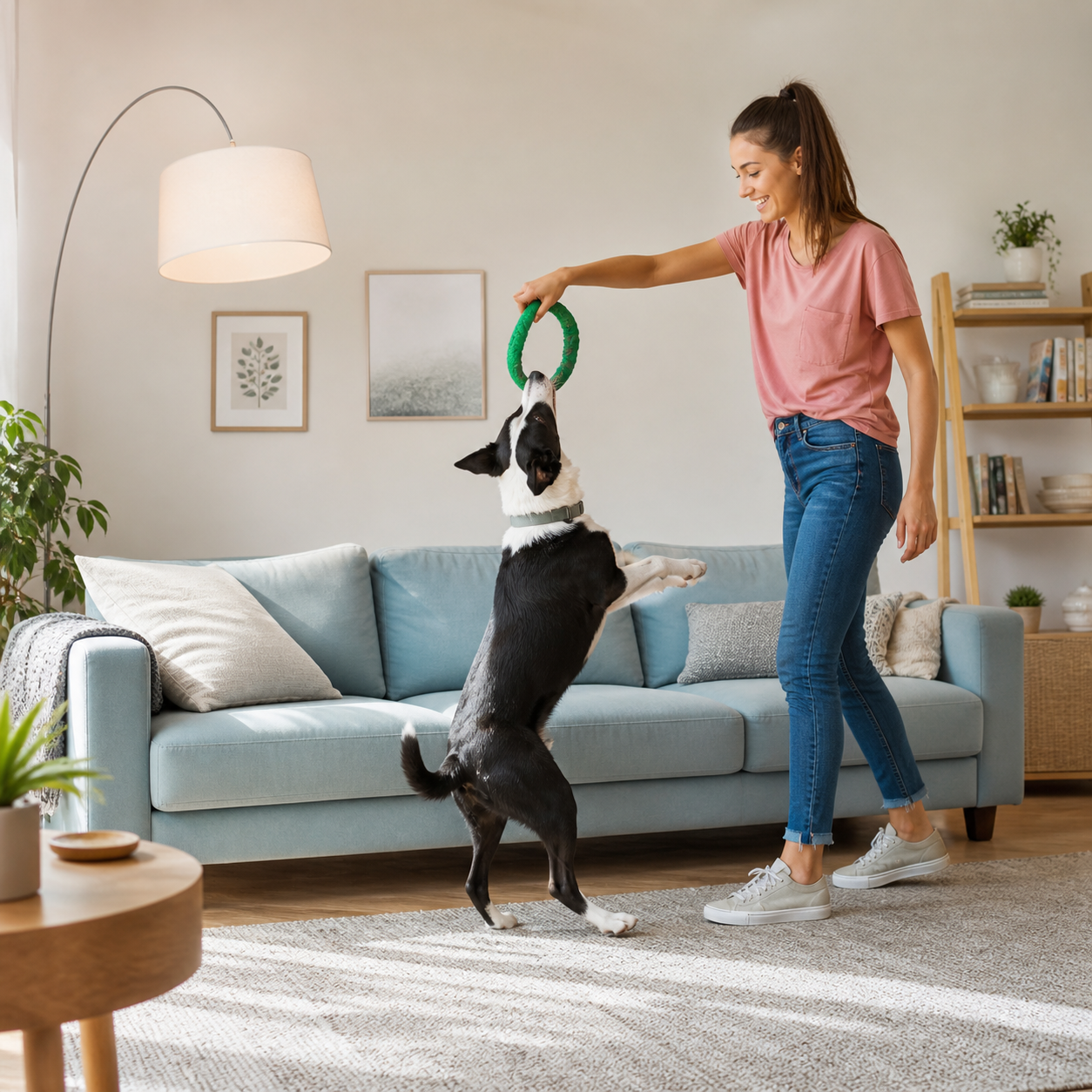 Pet parent with dog or cat in a clean modern apartment